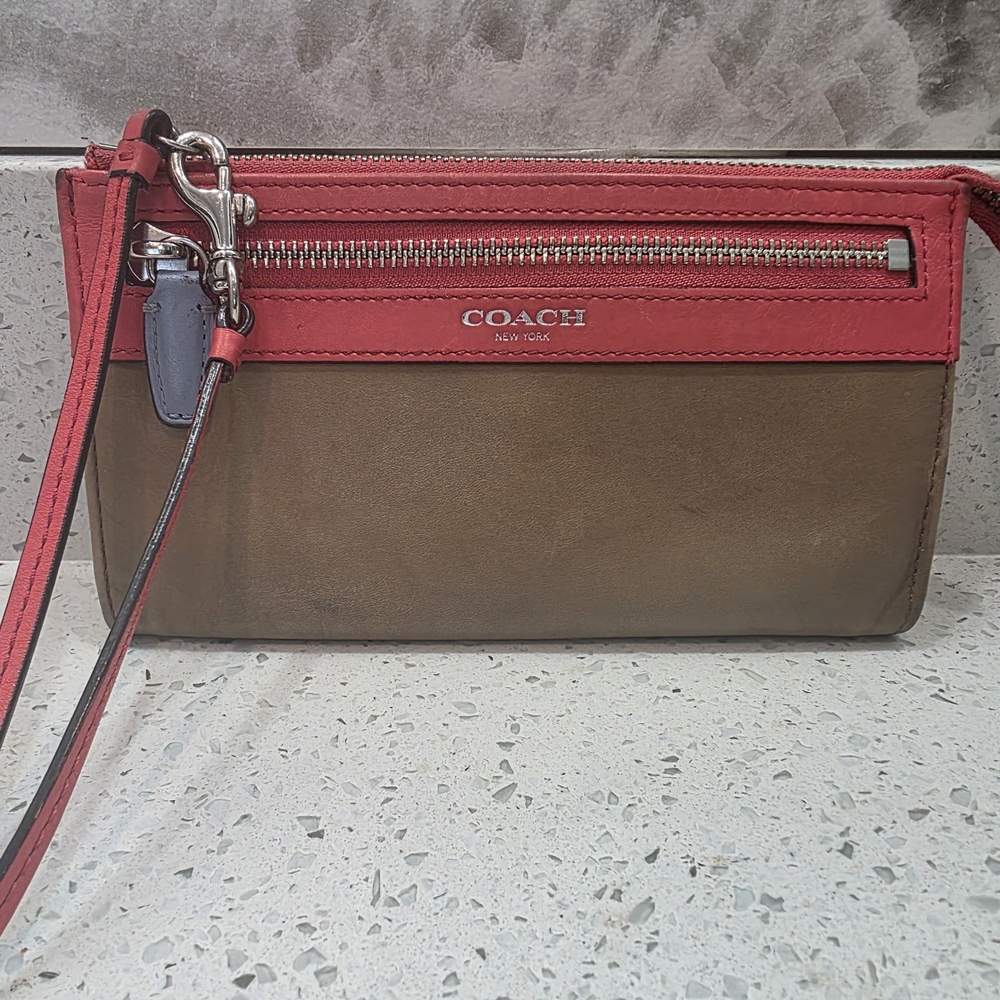 Coach Colorblock Coral, Blue and Brown Leather Wristlet - LIKE NEW!!